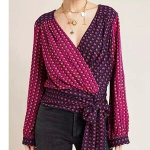 Anthropologie Maeve Pink and Blue Faux Wrap Blouse size US 2